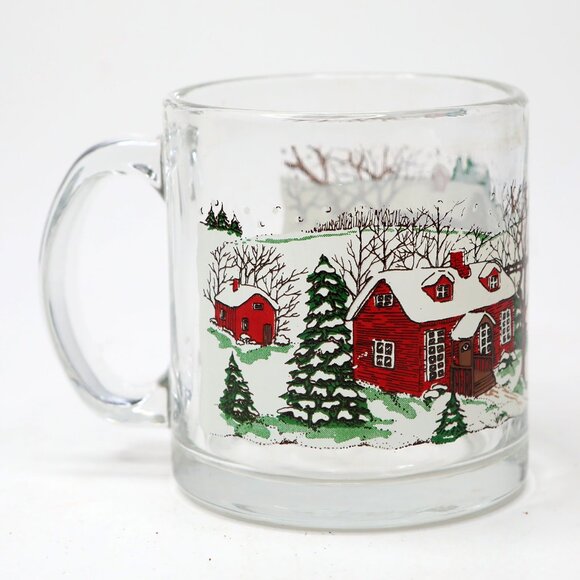 Vintage Libbey Winter Village Glass Coffee Christmas Mug Pine Trees Red Barn 90s - Picture 2 of 8